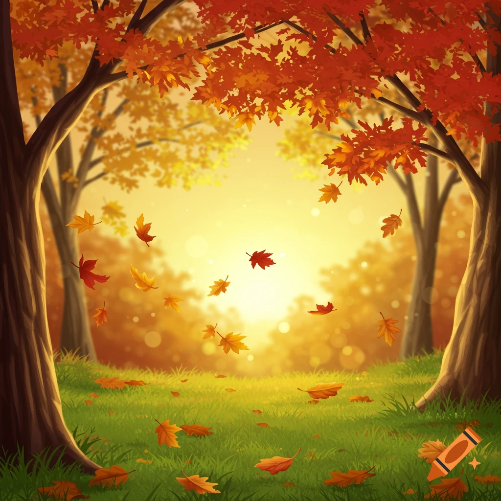 A forest scene in autumn with falling leaves and sunlight.