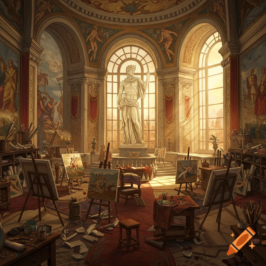 A grand art studio filled with easels, canvases, and art supplies, centered around a large classical statue in sunlight.