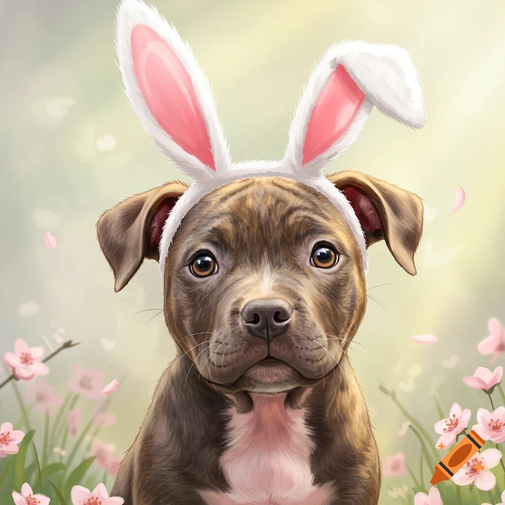 A cute puppy wearing pink and white Easter bunny ears in a garden with pink flowers.