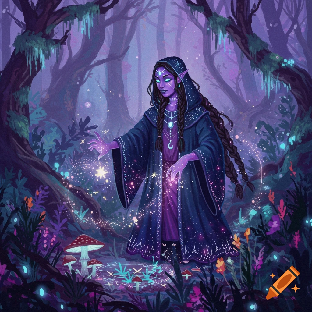 A purple-skinned witch casts spells in a glowing purple forest with mushrooms.