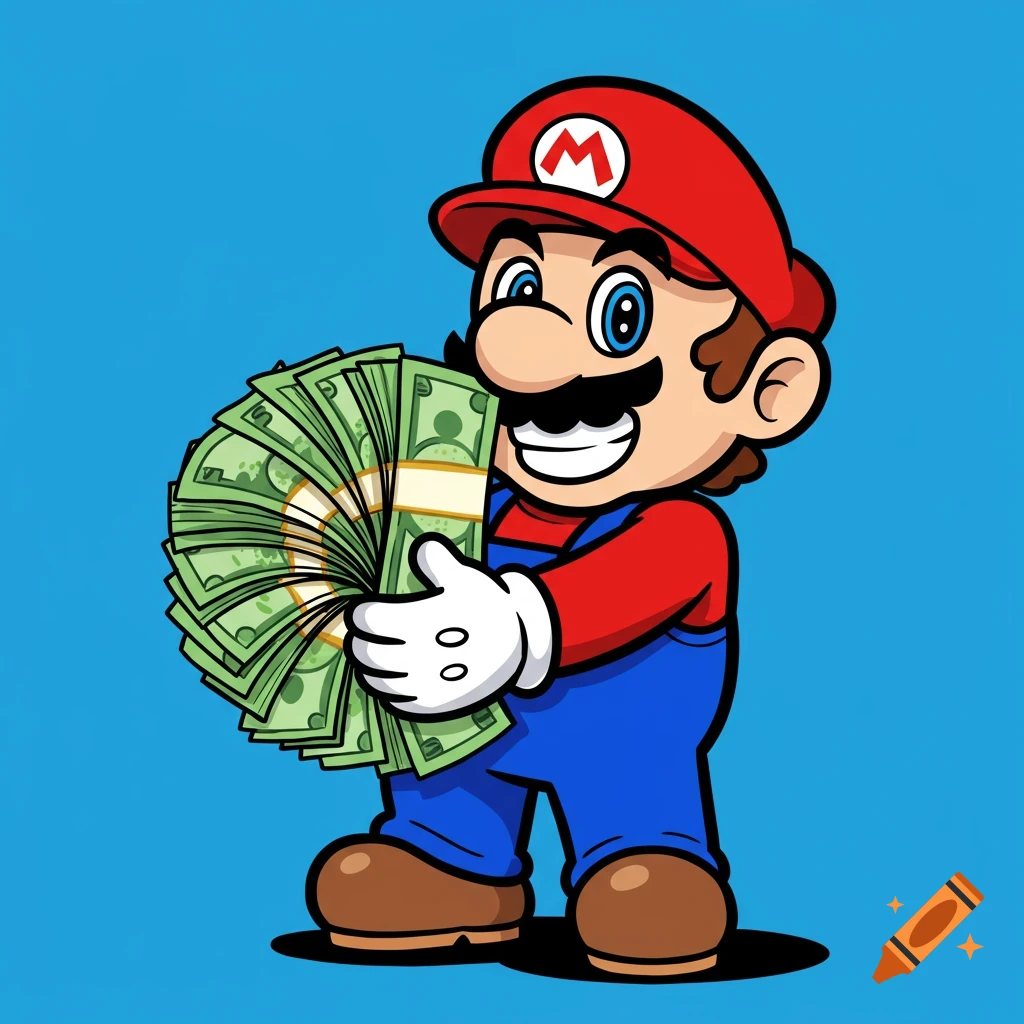 Cartoon illustration of Mario holding a large fan of cash.