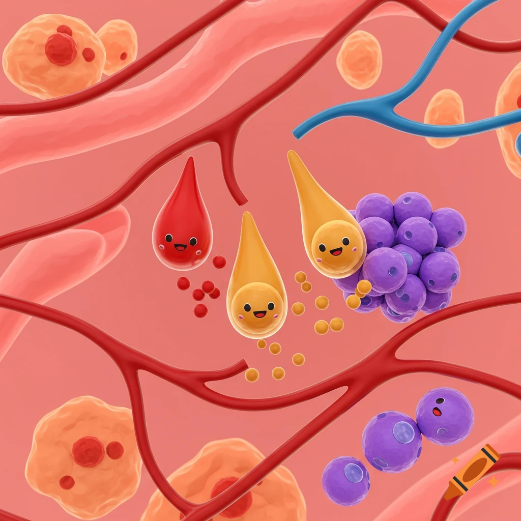 Cute cartoon illustration of blood vessels, red blood drops, and other cells