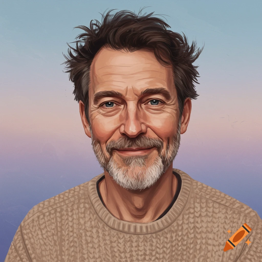 A portrait of a man with a beard wearing a sweater
