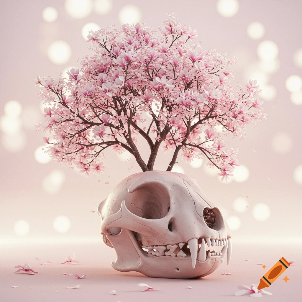 A cat skull with a pink magnolia tree growing from the top, set against a soft pink background with bokeh lights.