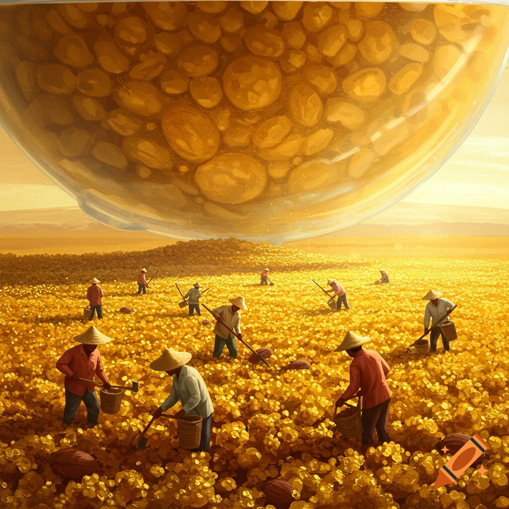 Farmers harvesting a golden field under a giant transparent sphere filled with golden objects.