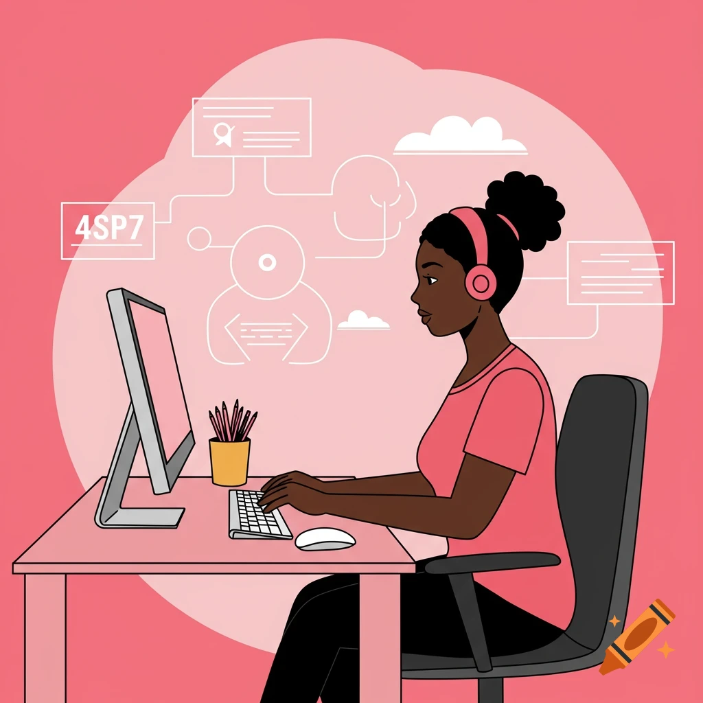 Illustration of a Black woman working on a computer with tech graphics.
