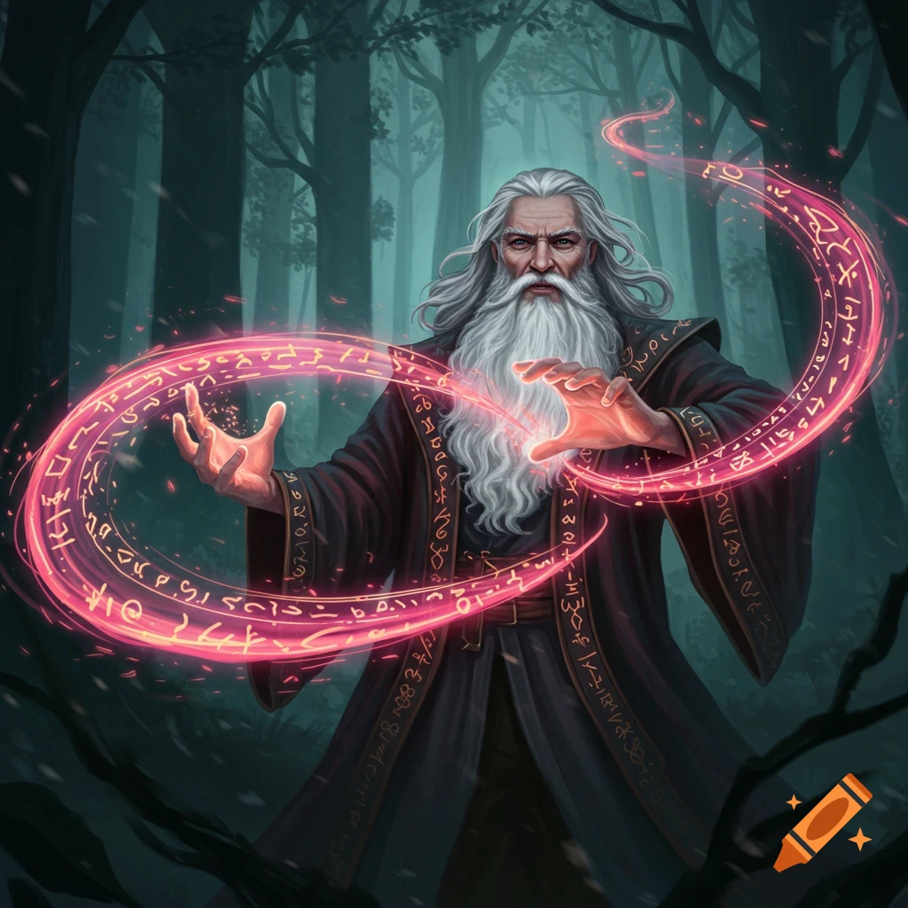 A wizard casting a red spell with glowing runes in a dark forest.