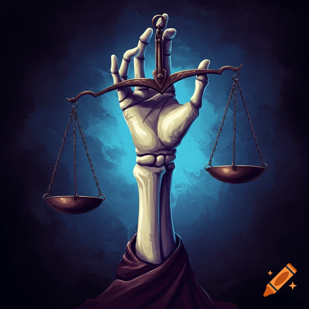 Skeletal arm holding balanced scales.