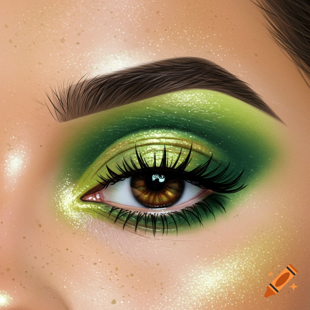A detailed eye with vibrant green and gold eye makeup and long lashes.