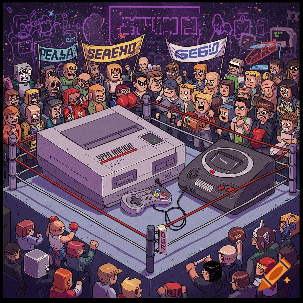 A Super Nintendo and Sega Genesis console face off in a boxing ring as a crowd watches.