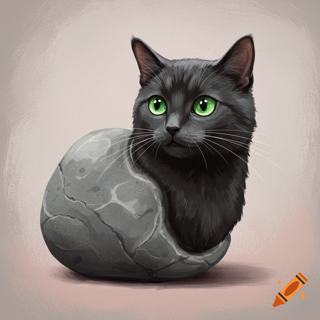 A black cat emerging from a cracked grey rock.