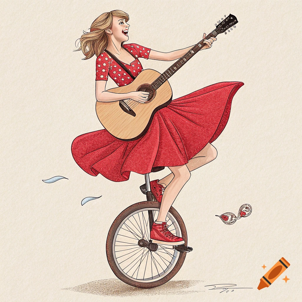 Illustration of Taylor Swift in a red dress playing guitar on a unicycle.