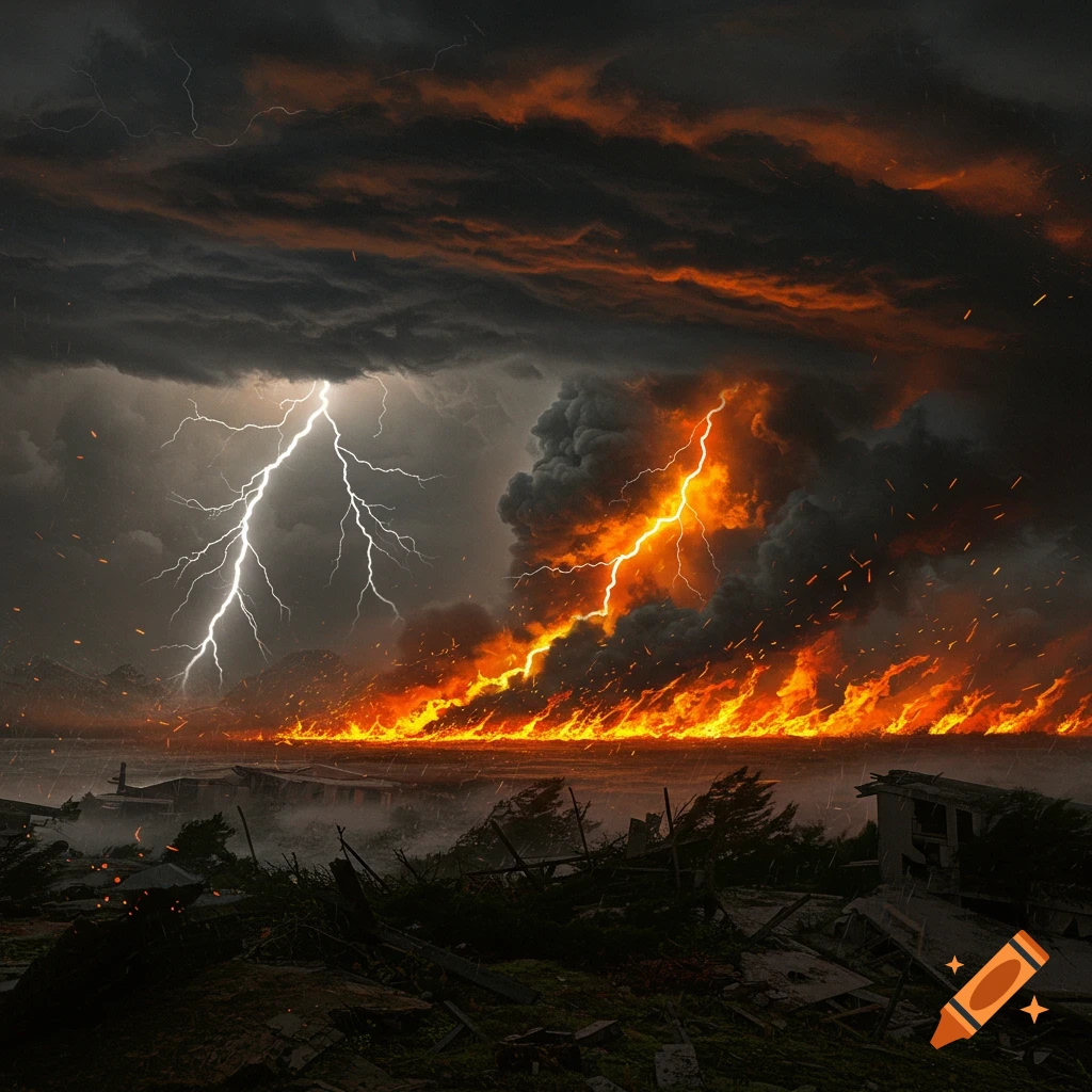 Dramatic storm with lightning, fire, and destruction along a shore.
