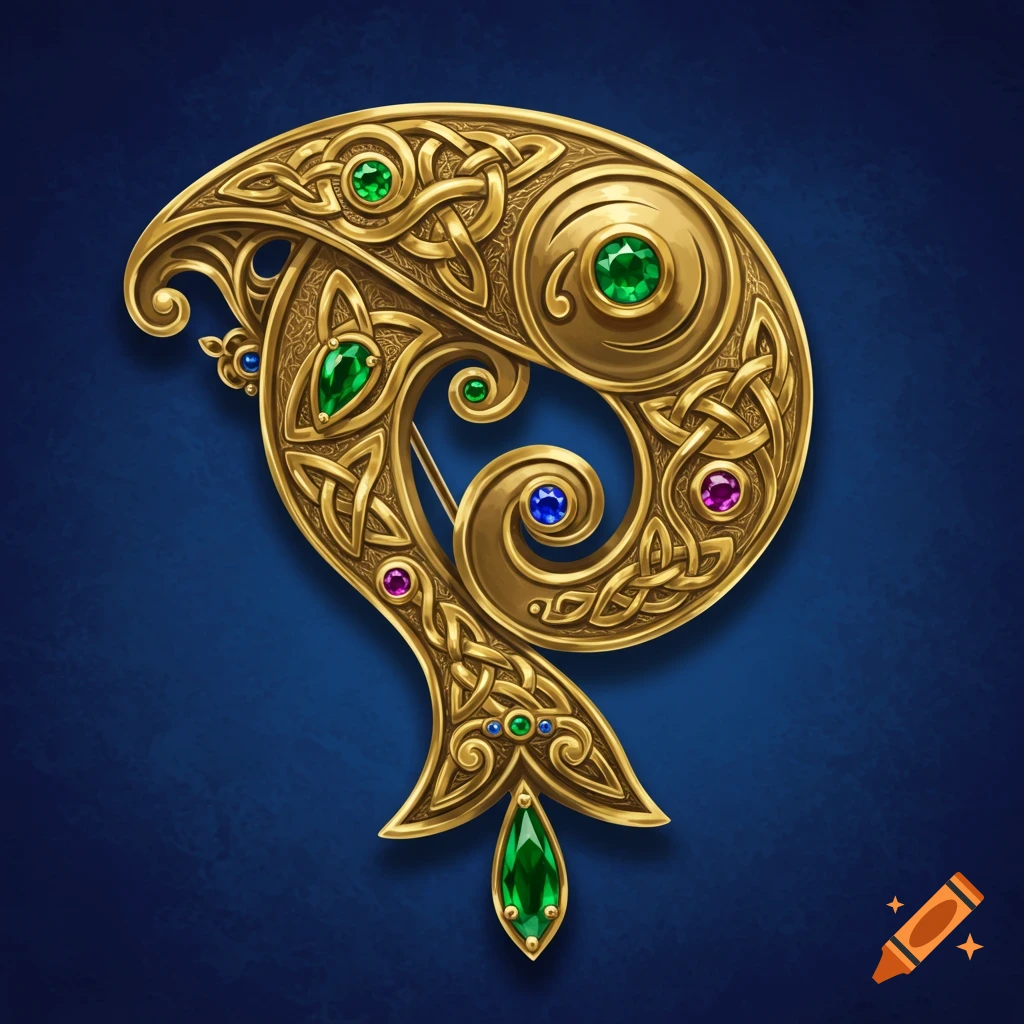 Golden celtic brooch with green, blue, and purple gems on a blue background.
