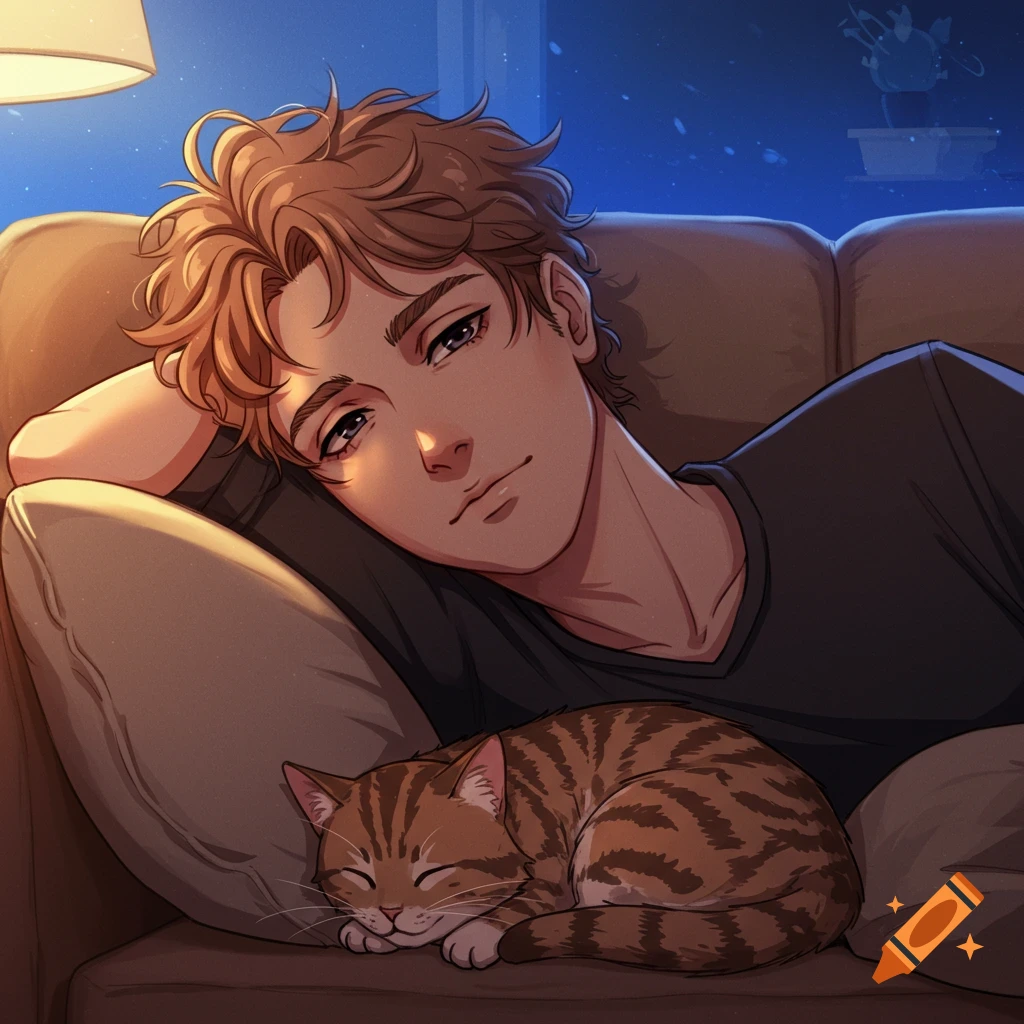 Anime illustration of a young man and a cat relaxing on a couch.