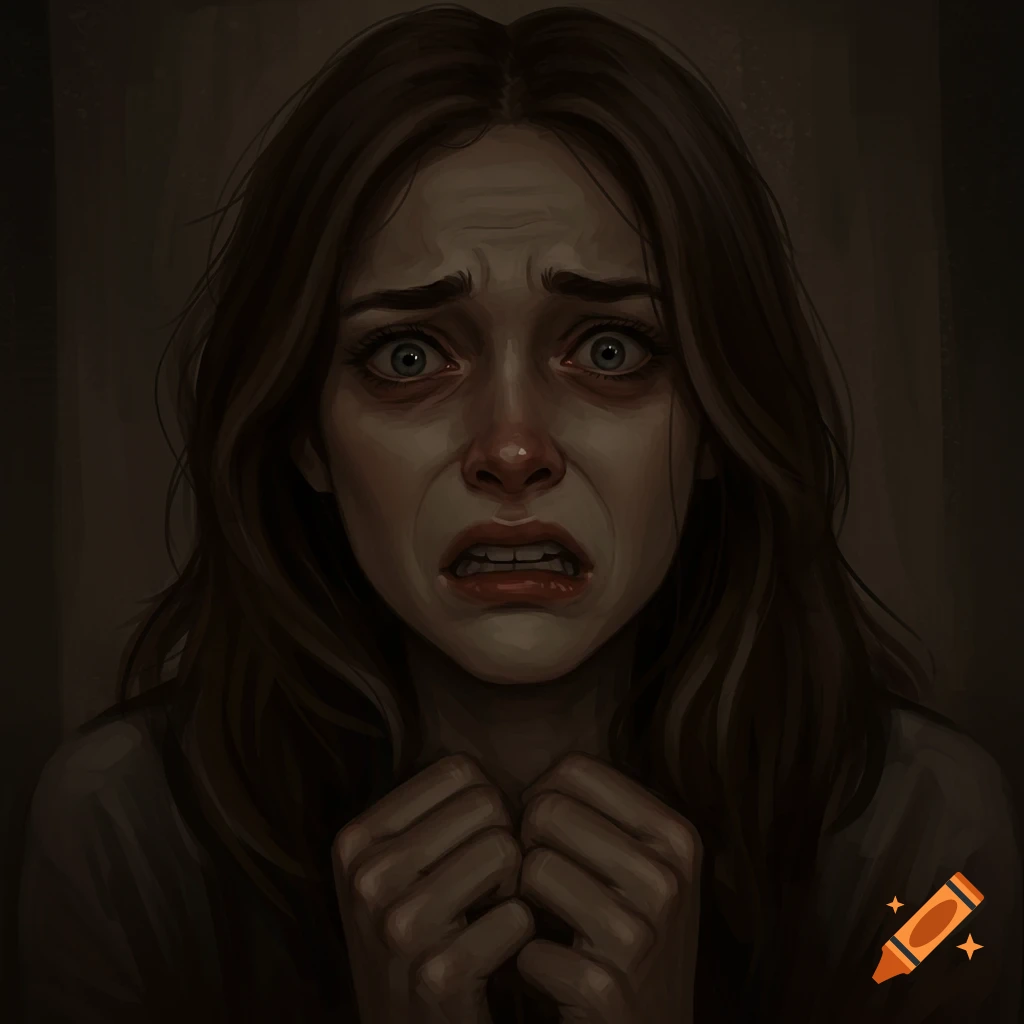 A woman's face contorted in fear, hands clenched.