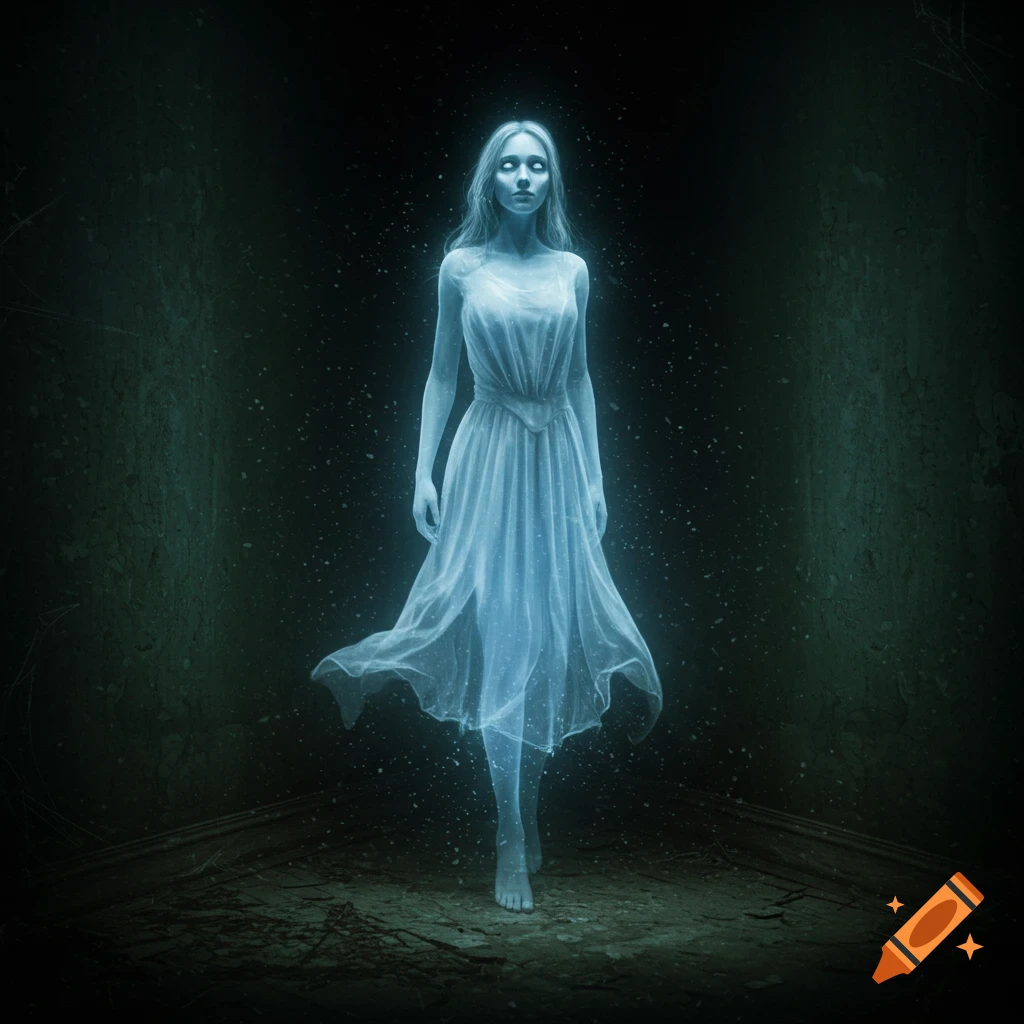 A glowing blue translucent woman in a dress stands in a dark, dusty room.