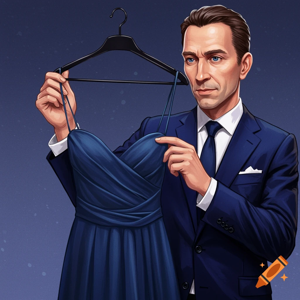A man in a blue suit is holding up a flowing blue dress.