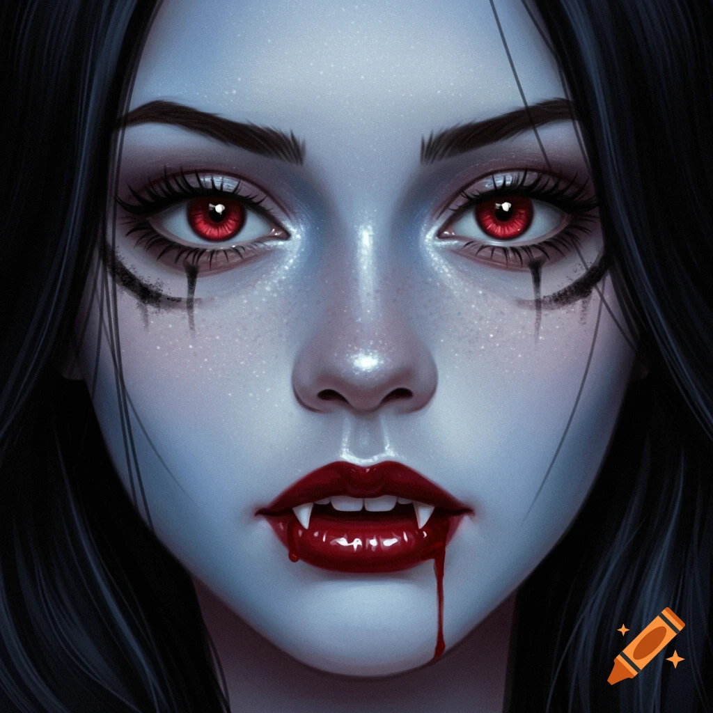 Close-up of a vampire girl's face with red eyes and blood