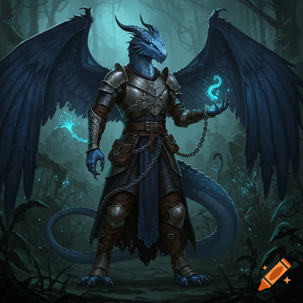 A blue dragonborn in armor holds a glowing magical effect in a dark forest.