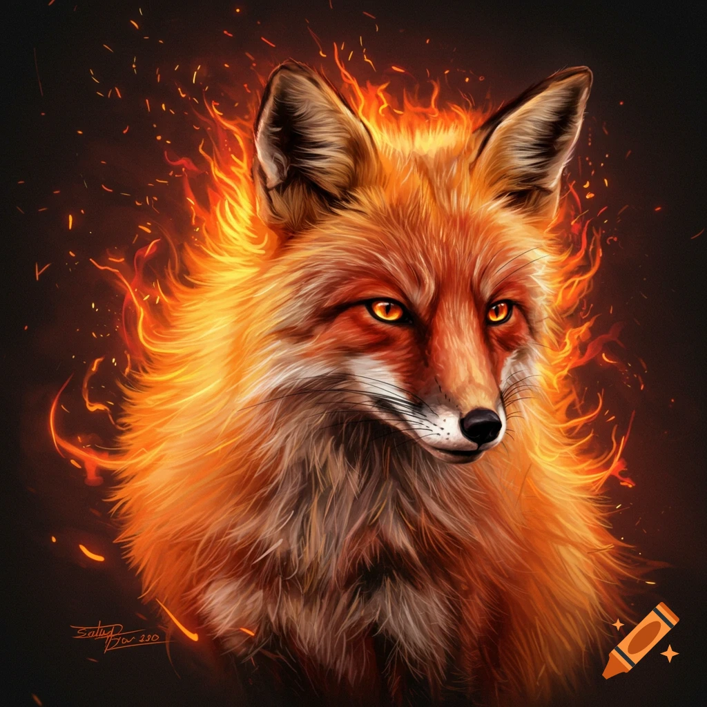 A fox is surrounded by fire.