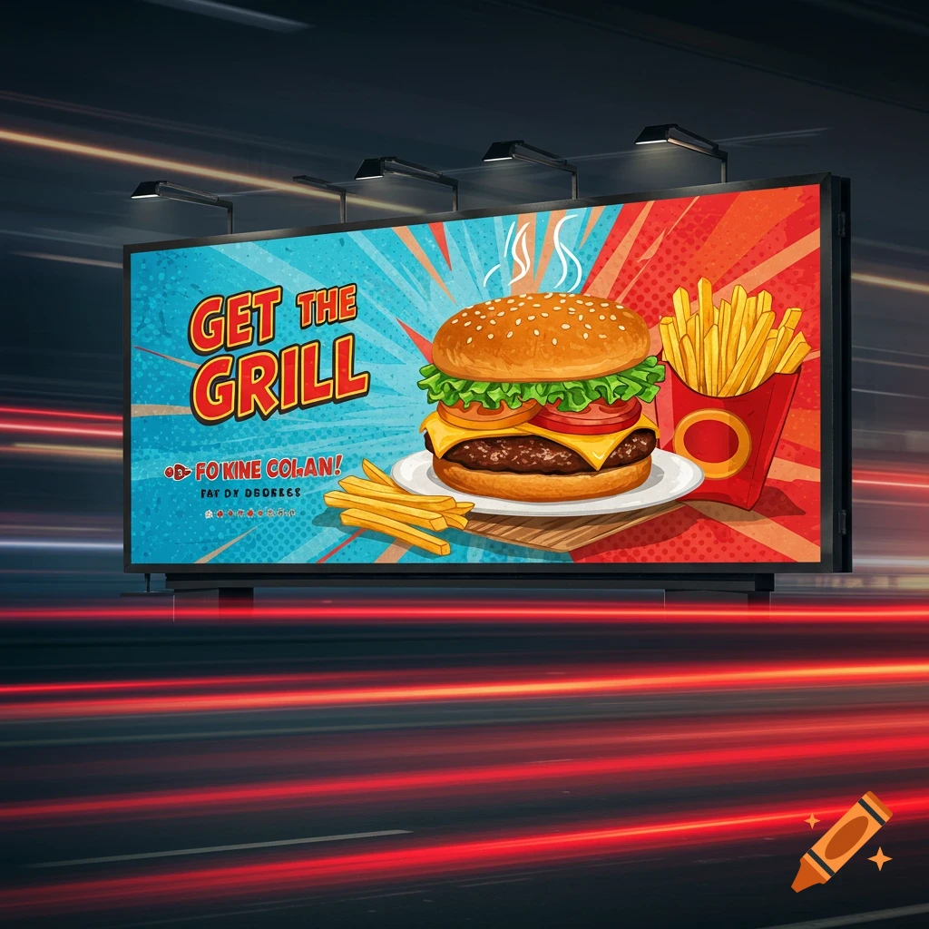 A highway billboard advertises a burger and fries.