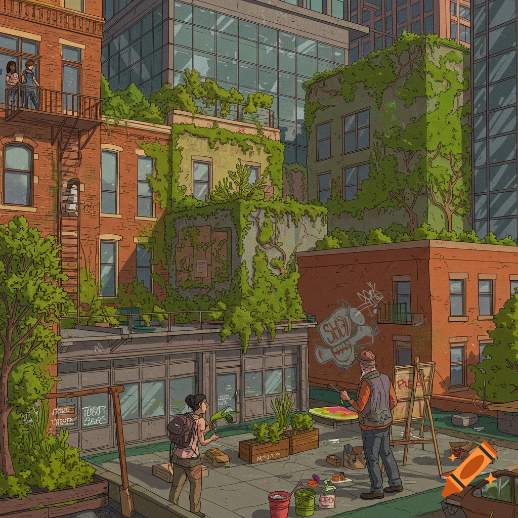An overgrown urban street with buildings covered in vines, people on a balcony, an artist painting, and a woman with a skateboard.