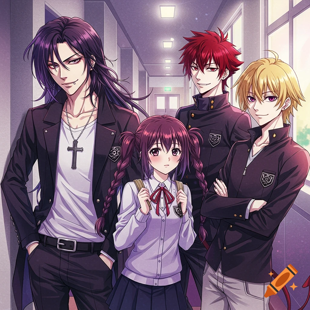 Four anime characters, three male and one female, stand in a school hallway.