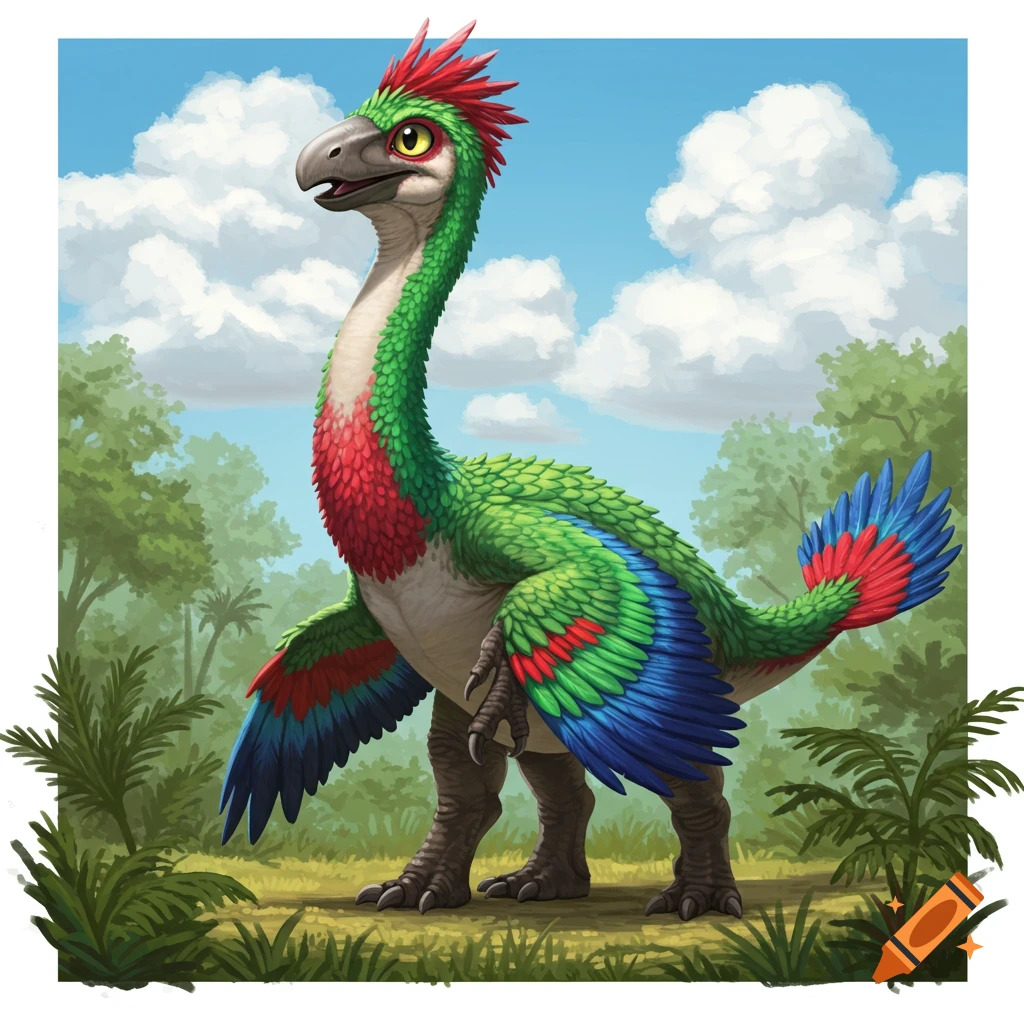 A colorful bird-like dinosaur stands in a forest clearing.