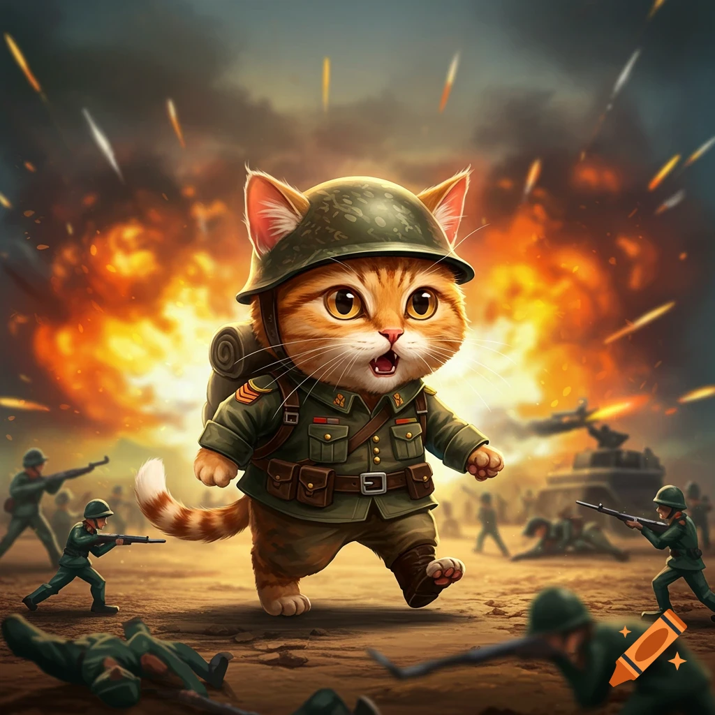 A cartoon cat in a military uniform walks through a battlefield with explosions.