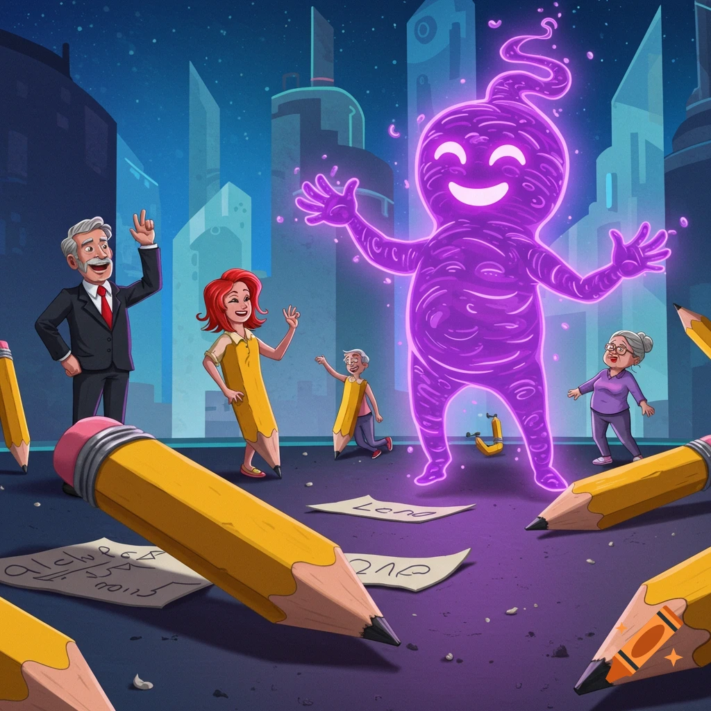 Cartoon illustration of a glowing purple figure interacting happily with people, some of whom are turning into pencils.