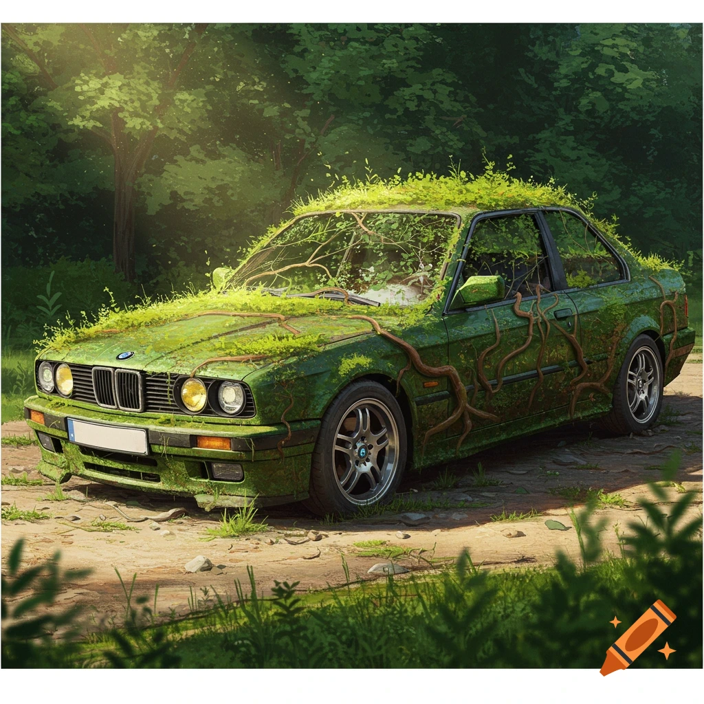 A green car overgrown with plants and vines in a forest setting.