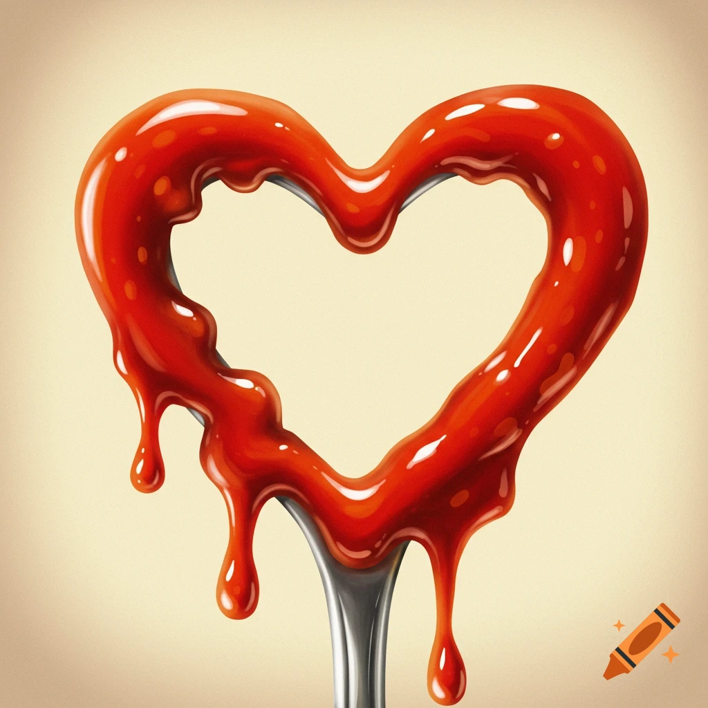A heart shape made of red dripping sauce held by a fork handle.