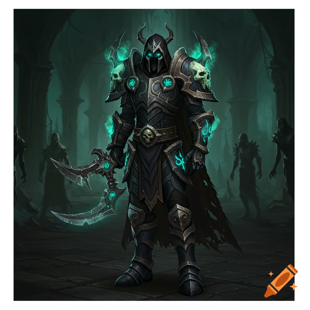 A fantasy figure in dark, skull-adorned armor with glowing green accents stands in a dark dungeon.