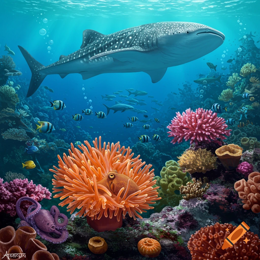 A whale shark swims above a vibrant coral reef with an octopus and fish.