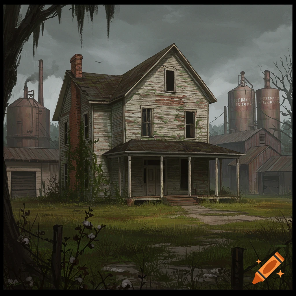 Old weathered house with porch, industrial buildings, and overgrown yard under a cloudy sky.