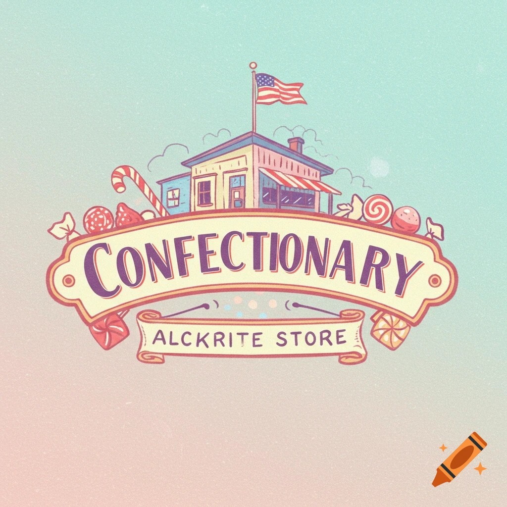 Illustration of a confectionary store logo with candy and text.