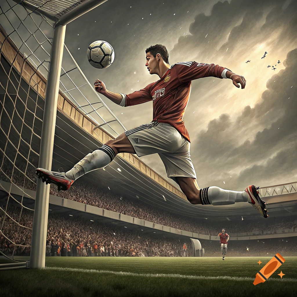 Soccer player jumps to kick a ball into a goal in a stadium
