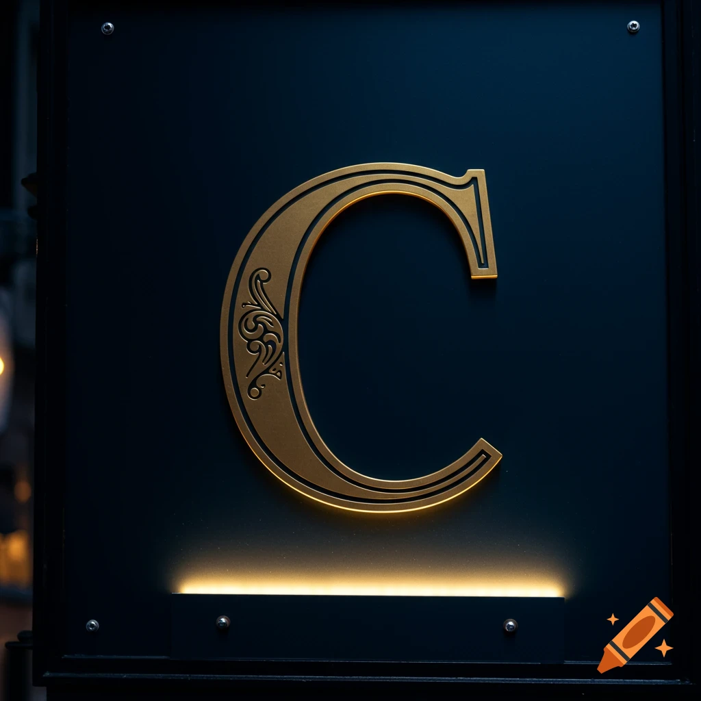 A golden ornate letter C on a dark backlit sign