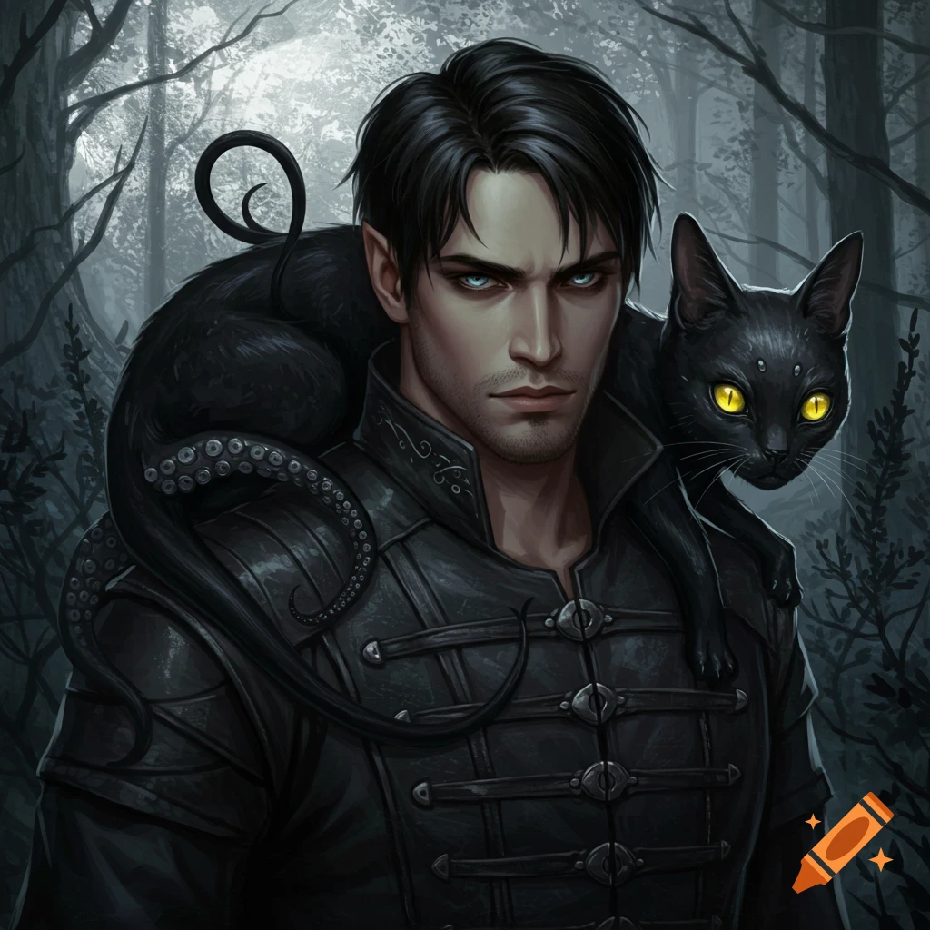 A dark-haired man stands in a forest with a black tentacle creature on his shoulder.