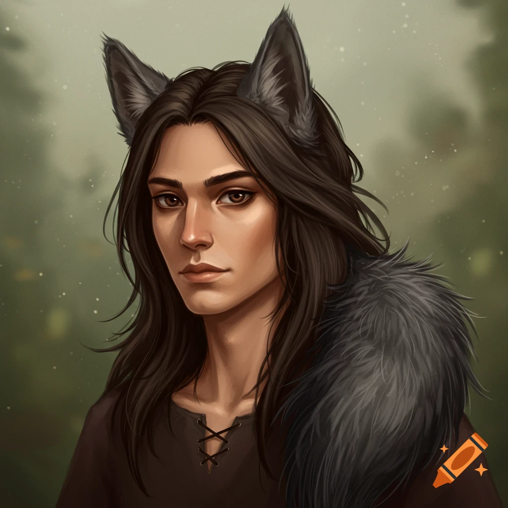 A portrait of a person with long dark hair, wolf ears, and a fur collar.