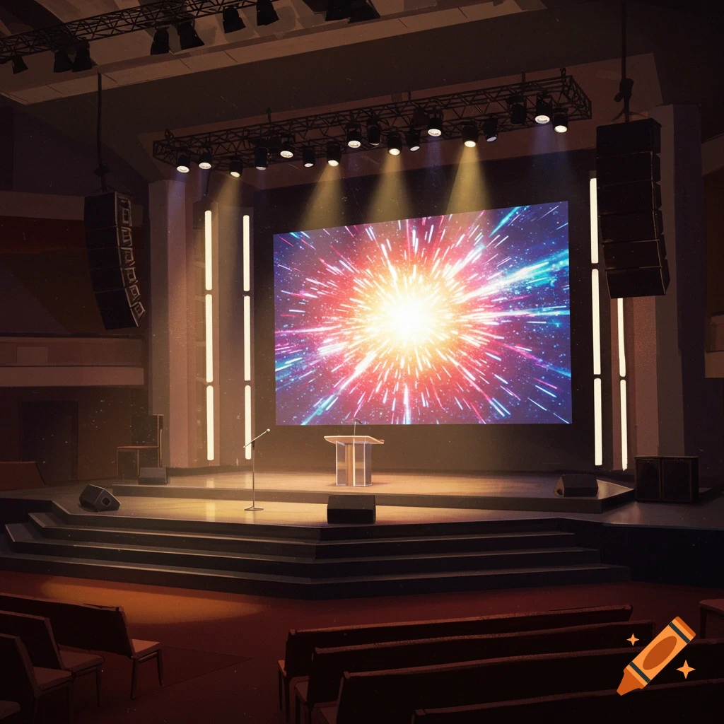A modern church stage with tiered seating, a podium, and a large LED screen displaying a colorful starburst.