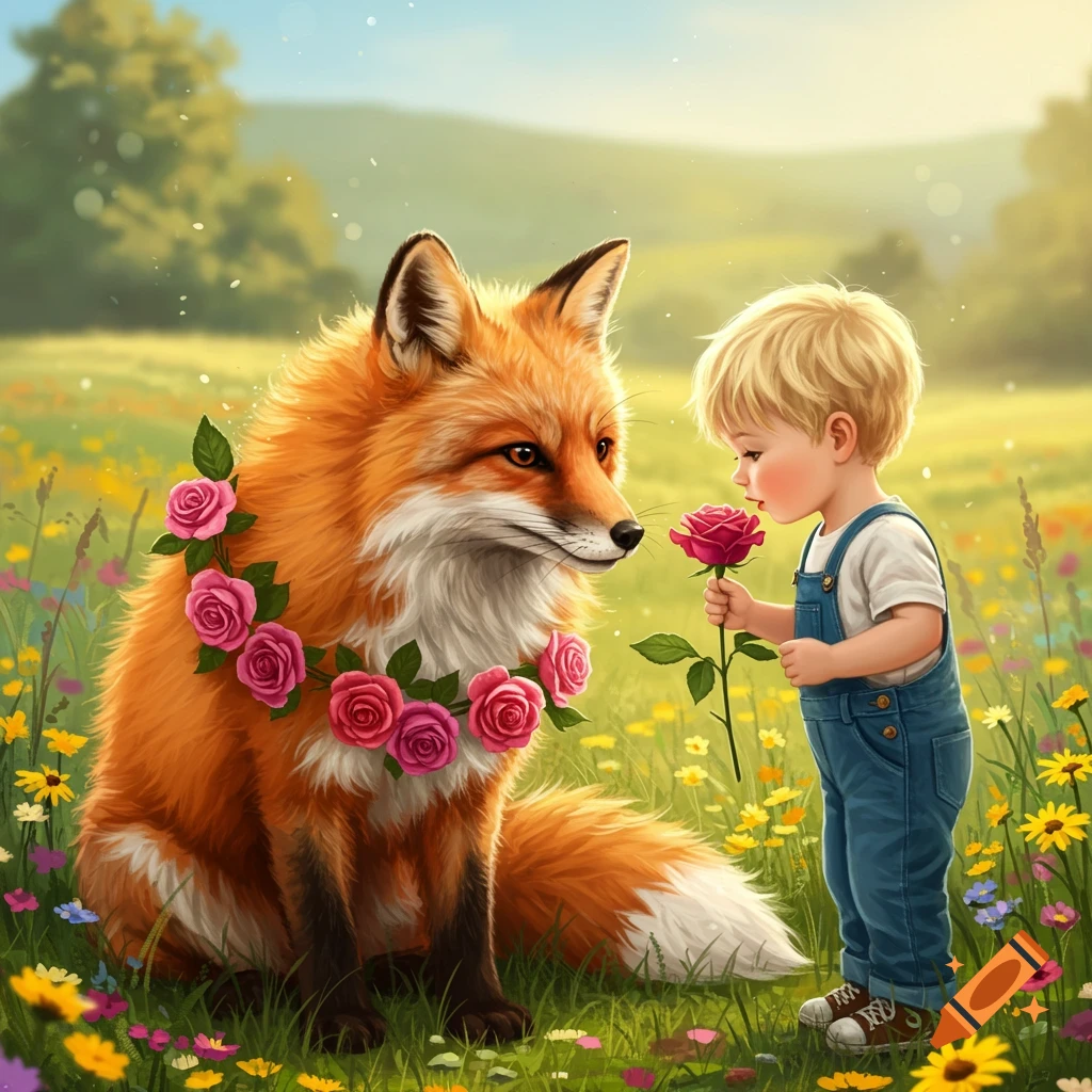 Fairytale illustration of a boy giving a rose to a fox wearing flowers in a field of wildflowers.