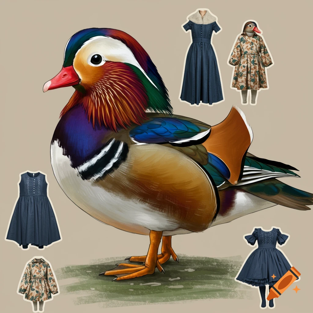 A mandarin duck surrounded by illustrated dresses in a collage style