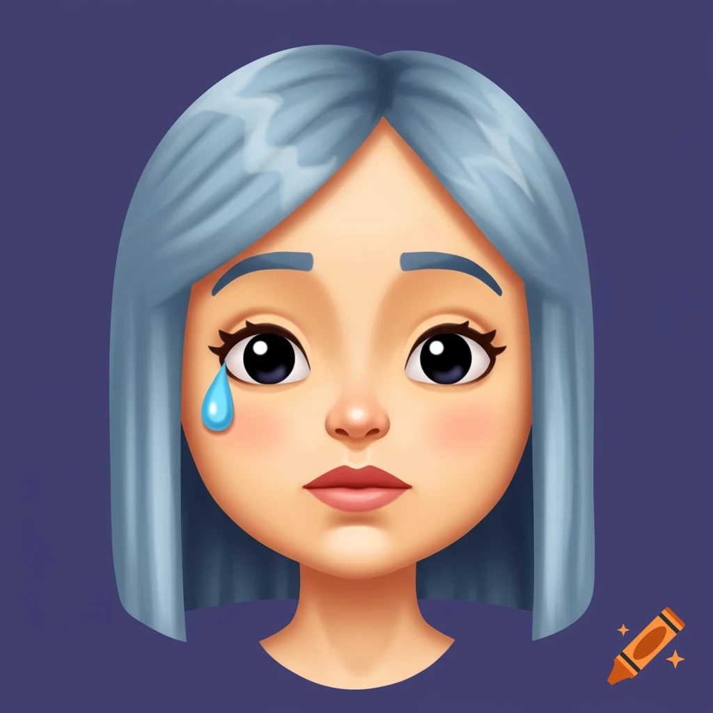 an emoji-style face of a woman with blue hair and a tear.