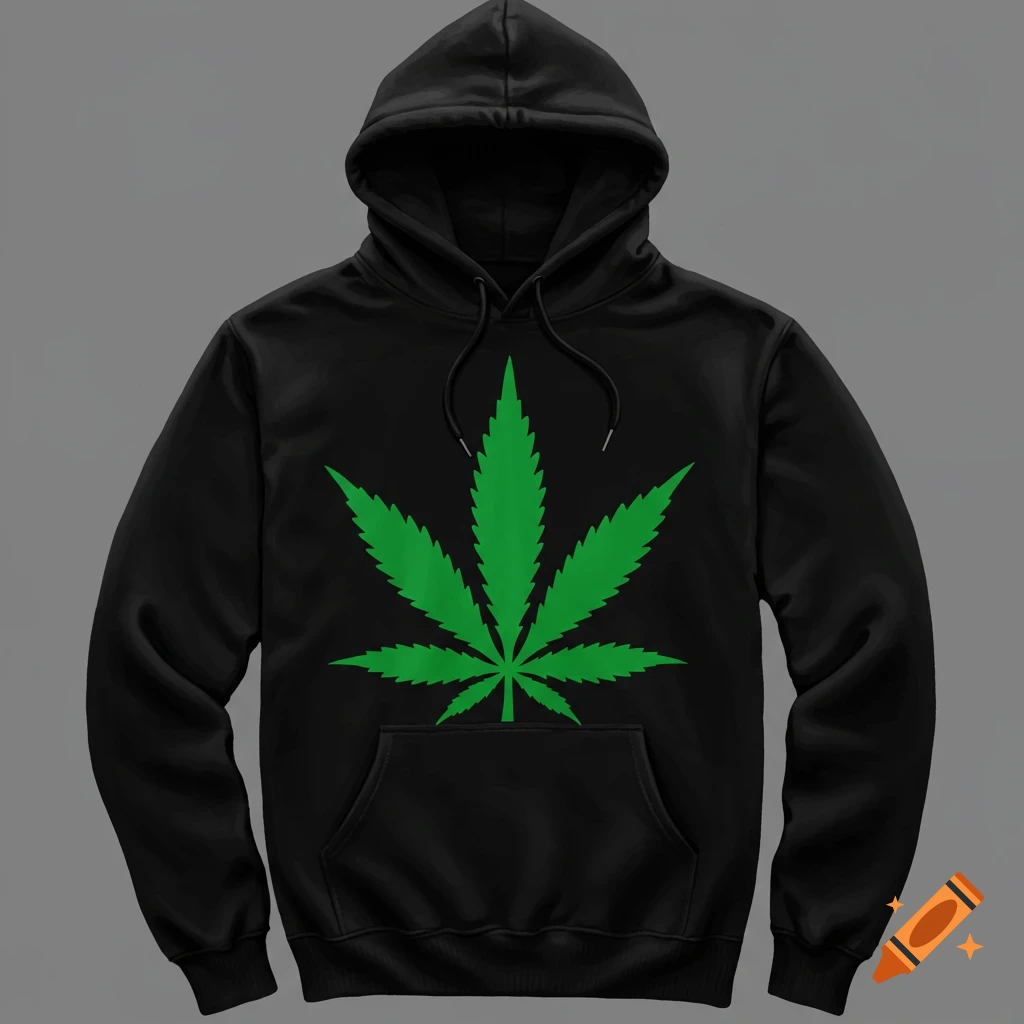 Black hoodie with a green cannabis leaf symbol