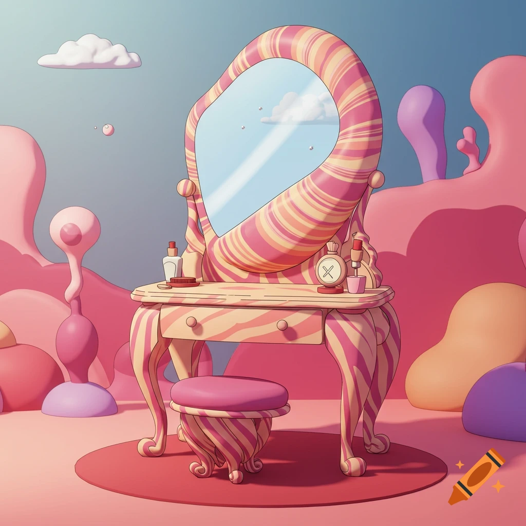 Whimsical pink vanity and stool in a surreal landscape.