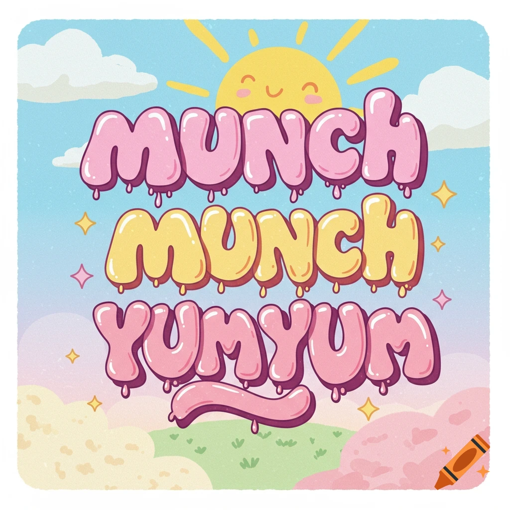 Stylized pink and yellow bubble text "MUNCH MUNCH YUM YUM" in a bright illustration with a smiling sun and clouds.