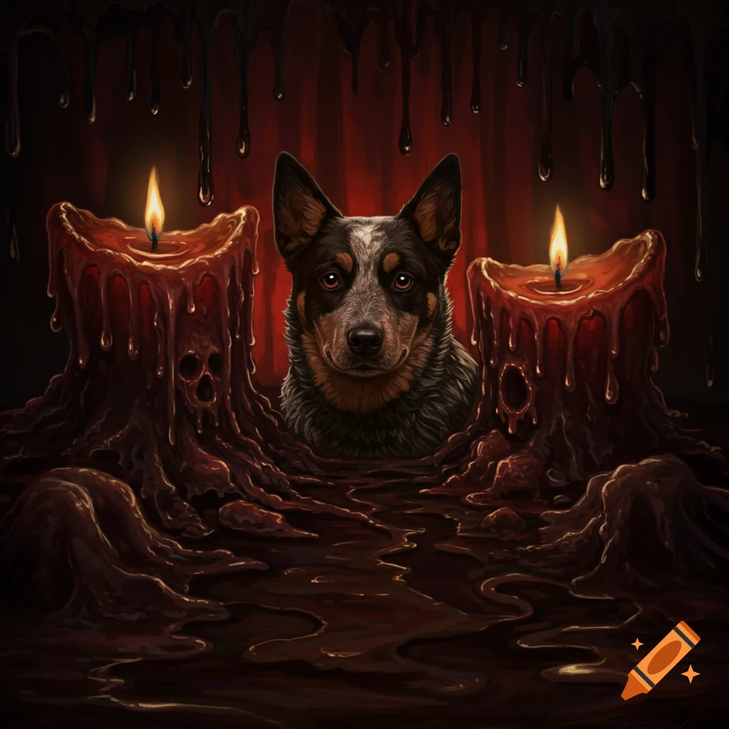 A cattle dog surrounded by large melting candles with creepy face-like shapes in a dark, eerie setting.