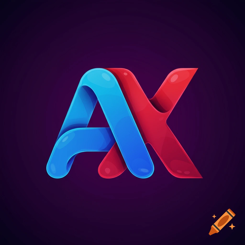 A shiny 3D rendering of a blue letter A combined with a red letter X on a dark background.